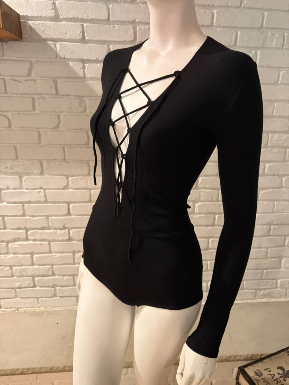 Reformation Black Lace-Up Bodysuit Tie Front Long Sleeve Size S
